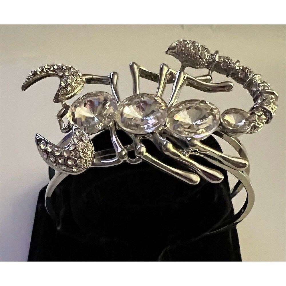 Scorpion Cuff Bracelet Silver Tone Clear Crystal Rhinestone Hinged Bangle